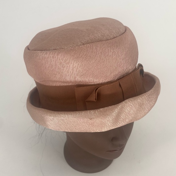 Vintage 1960s Taupe Satin Tall Hat With Brown Ribbon Bow - Picture 5 of 11